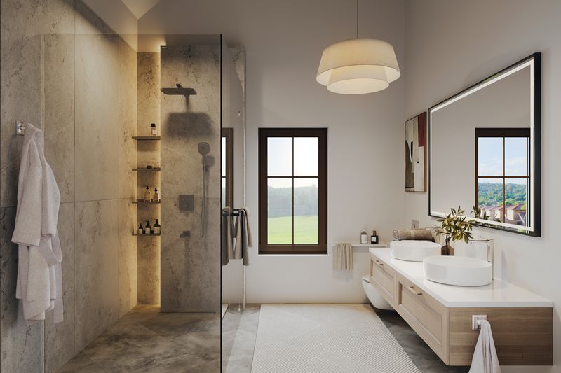 Badezimmer mit Dusche und Doppelwaschtisch